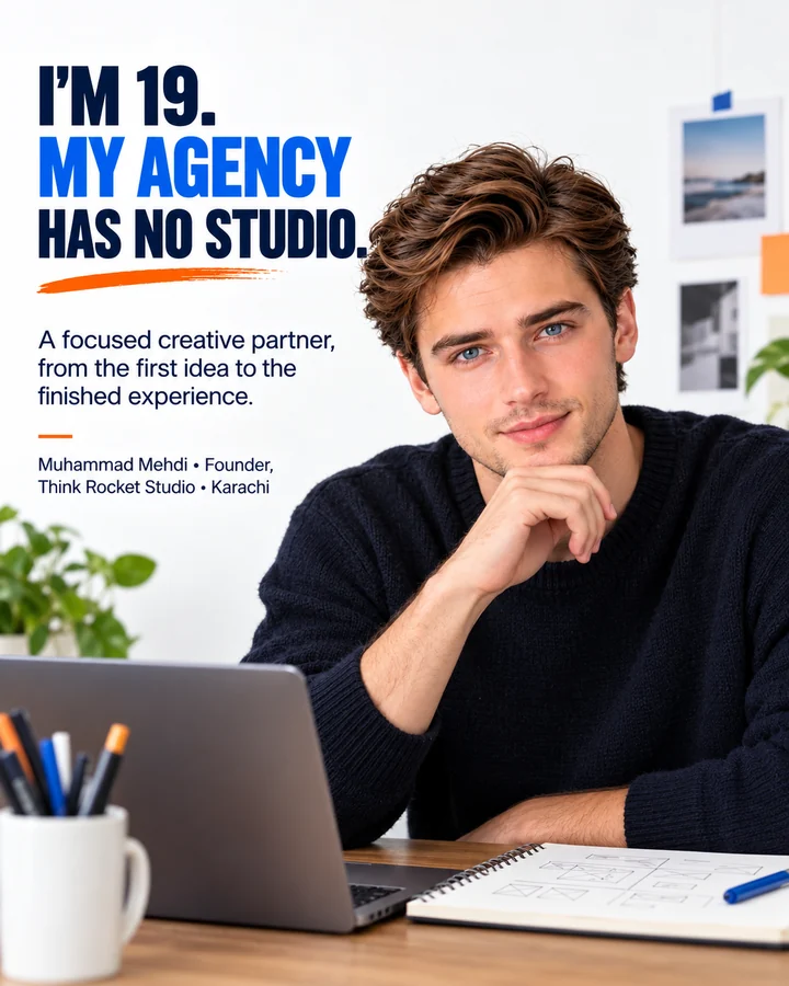 Supplied Muhammad Mehdi founder-story poster with a young man seated at a desk and navy-and-orange studio copy.