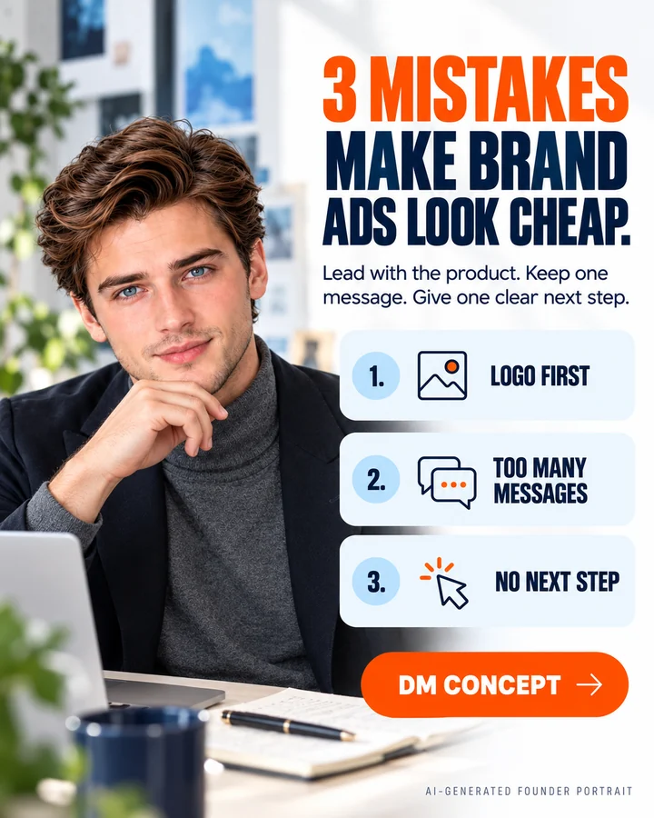 Founder-style presenter beside a navy-and-orange lesson about logo-first ads, too many messages and missing next steps.